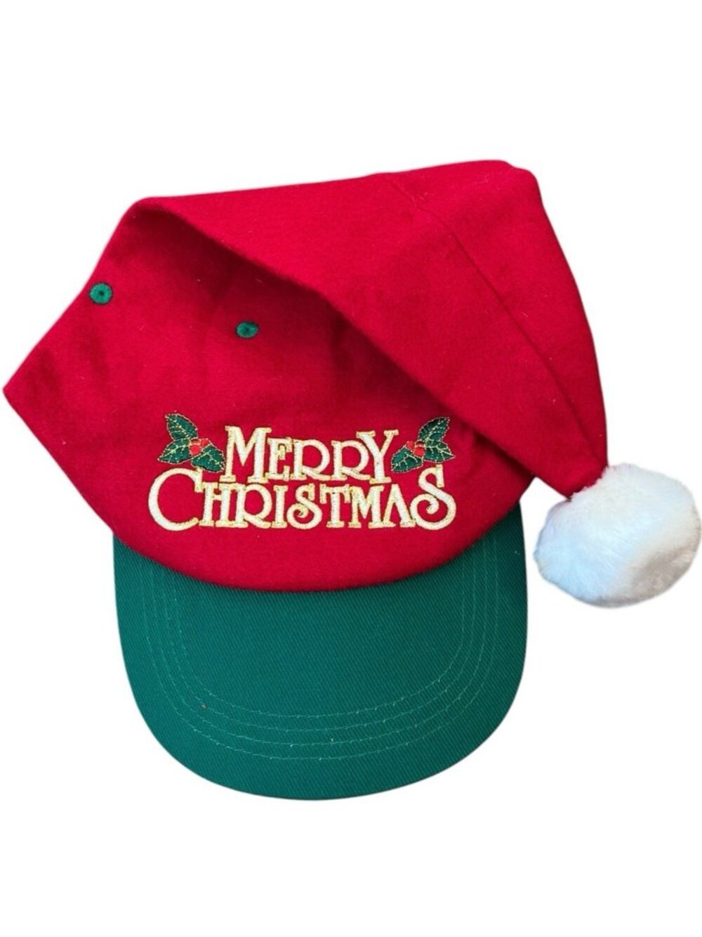 Santa Claus Snapback Cap Merry Christmas Pom Pom Felt Hat One Size Vintage